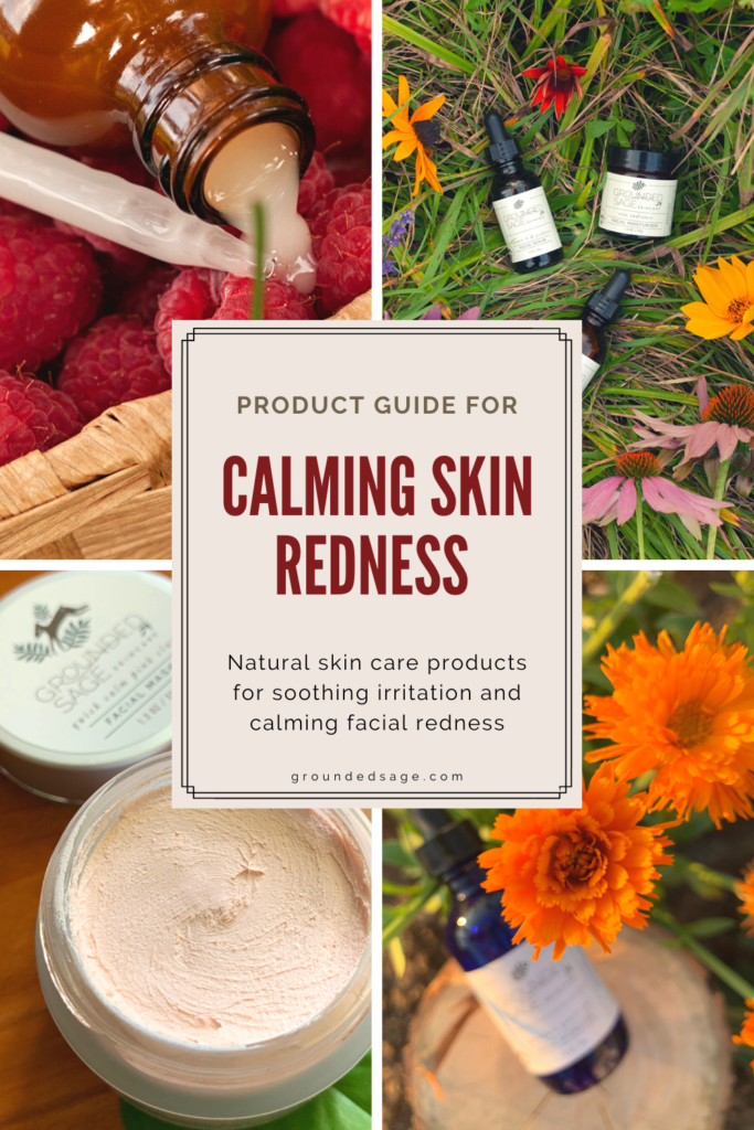 natural beauty product guide for calming skin irritation and redness with healthy skin care products. List of beauty products for redness and sensitive skin. Calming face mask product, serums to get rid of redness, and rosacea safe products to calm down sensitivity.