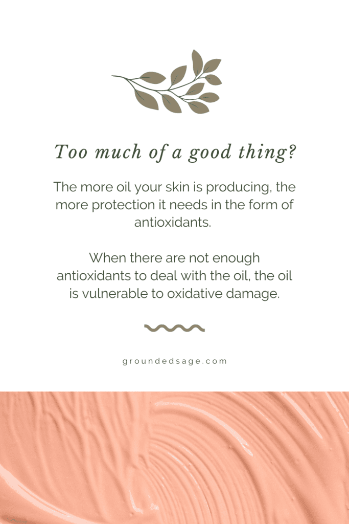 Too much of a god thing - The more oil your skin is producing, the more protection it needs in the form of antioxidants. When there are not enough antioxidants to deal with the oil, the oil is vulnerable to oxidative damage.